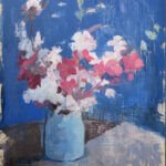 painting of a vase of flowers in blue and pink