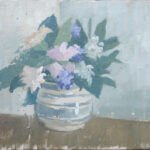 painting of flowers in a vase in light blue colours