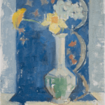 painting of white and yellow flowers in a vase with a long neck