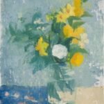 painting of yellow and white flowers in a clear vase